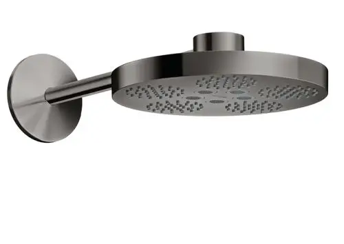 Schwarze Kopfbrause von AXOR mit runder Form und mehreren Düsen zur komfortablen Wasserverteilung, montiert an einem geraden Brausearm.